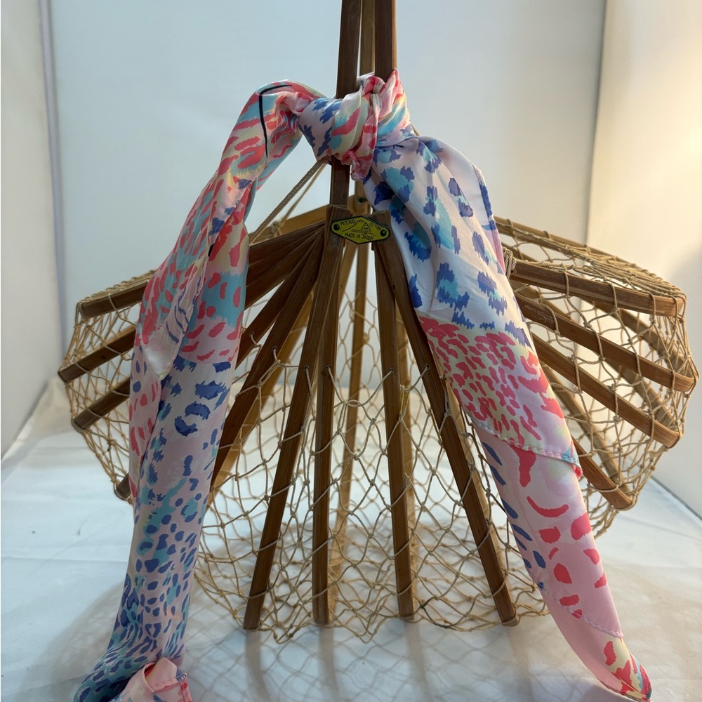 Vintage Japanese Bamboo Folding Basket Bag with Scarf - Made in Japan